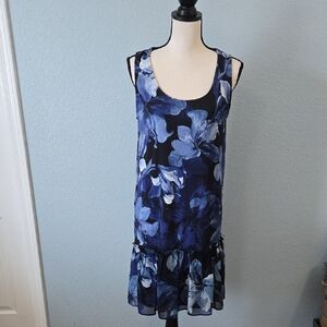 KAREN KANE Catalina Ruffle Hem Dress Sleeveless Floral Blue, Black, White SZ 0X